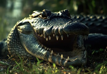 Obraz premium Close-up View of a Crocodile's Head with Open Mouth Showing Sharp Teeth and Detailed Texture in Natural Habitat During Golden Hour Light