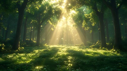 Obraz premium Sunbeams Illuminate Misty Forest Path