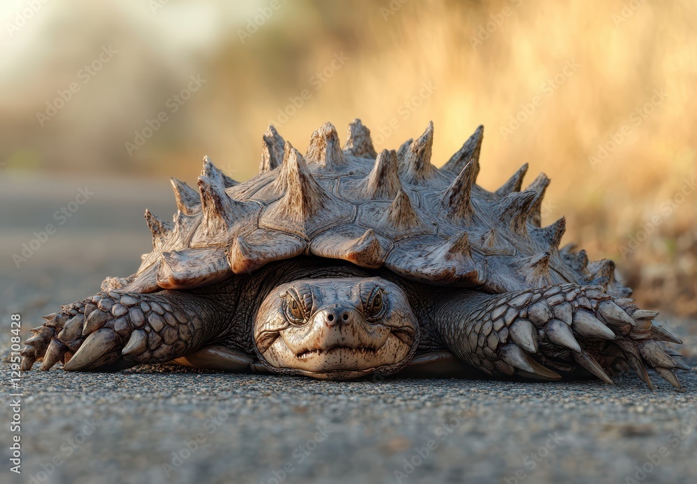 Poster close-up view of a spiked turtle on a road surrounded by nature, highlighting its unique shell and t