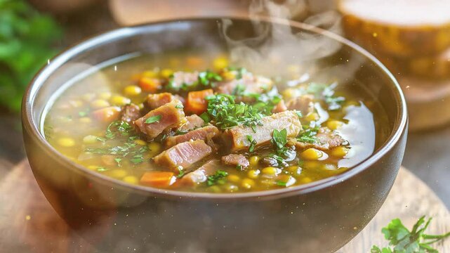 lentil pea soup garnish with bacon and pork ribs seamless looping overlay 4k virtual video animation background