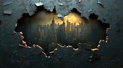 Cityscape Revealed Through a Crumbling Wall Urban Sunset View