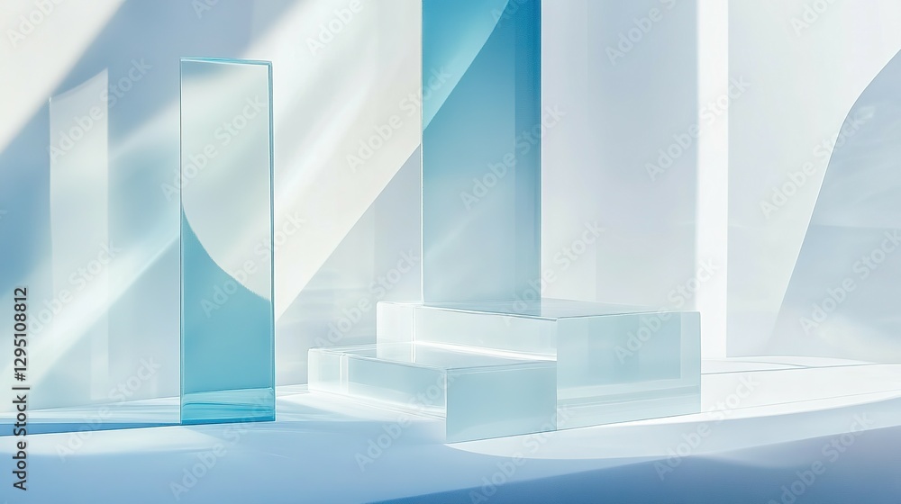 Wall mural modern architectural display with transparent glass objects and light