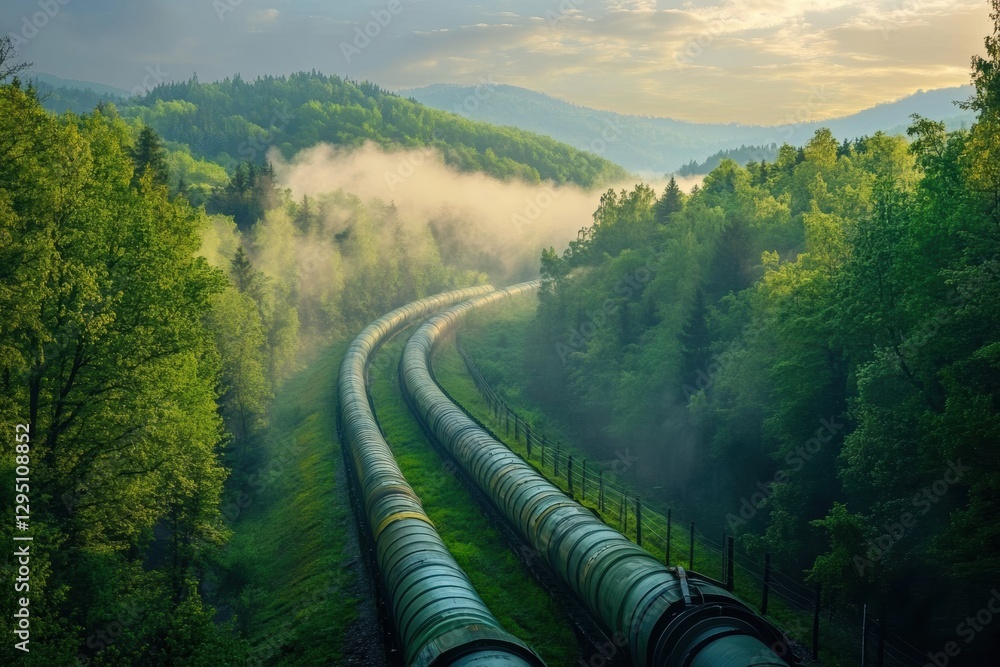Poster gas pipelines weave through lush green forest under a misty morning sky in serene landscape. generat
