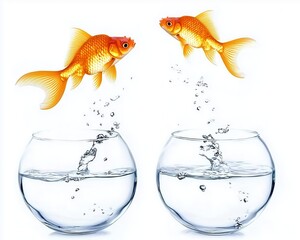 Playful Goldfish Jumping Between Two Clear Bowls with Splashing Water and Joyful Movement
