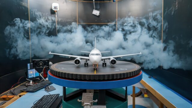 A photo of a wind tunnel test. A model airplane is placed on a turntable inside the wind tunnel. The turntable is spinning