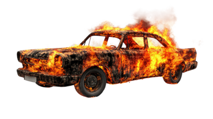 Burning car in flames isolated on transparent background - high quality png.