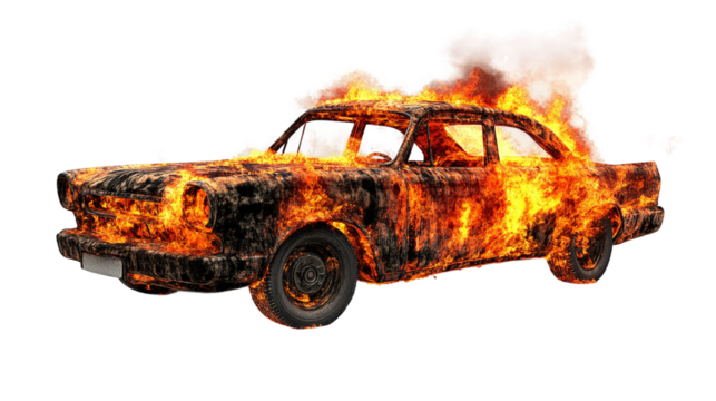 Burning car in flames isolated on transparent background - high quality png.
