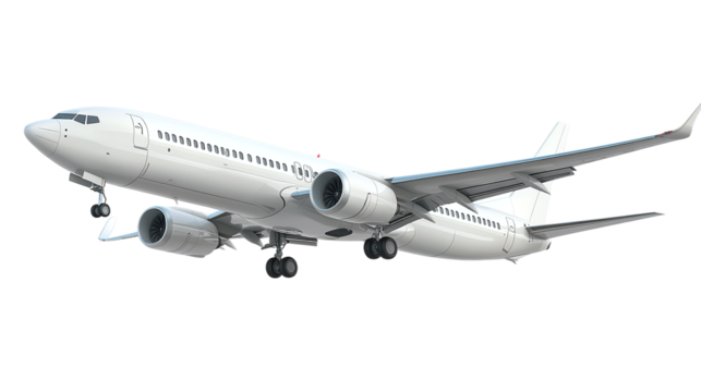 Commercial airplane isolated on transparent background, high-resolution png for aviation design projects and digital illustrations, featuring detailed aircraft structure and modern airliner aesthetics