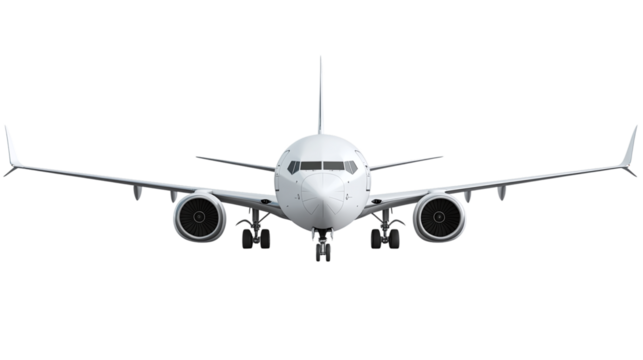 Commercial airplane isolated on transparent background, high-resolution png for aviation design projects and digital illustrations, featuring detailed aircraft structure and modern airliner aesthetics