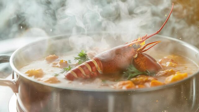 lobster soup hot soup with smoke seamless looping overlay 4k virtual video animation background