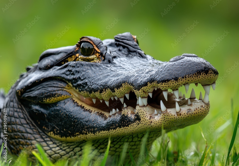 Poster close-up view of alligator head featuring sharp teeth and intense expression on a background of soft