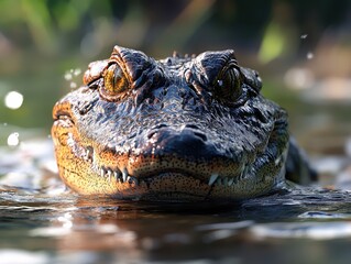 Obraz premium Close-Up View of Alligator Head Emerging from Water with Focus on Eyes and Texture, Capturing Nature's Predatory Elegance and Habitat Details