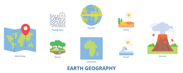 Obraz premium Earth Geography Flat Banner Web Icon Set Vector Illustration, Topography World Map Biome Ocean Continent Equator Oasis Volcano 