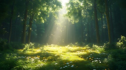Obraz premium Sunbeams illuminate forest clearing, wildflowers, peaceful background, nature scene