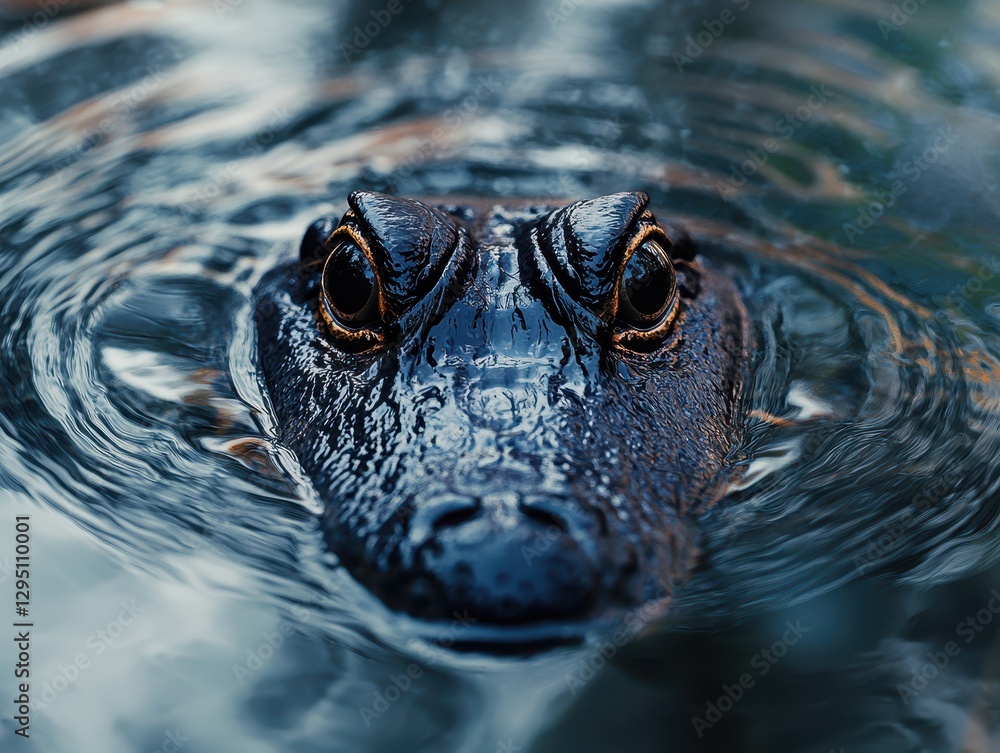 Poster close-up view of an alligator head emerging from water with ripples and reflection in a natural envi
