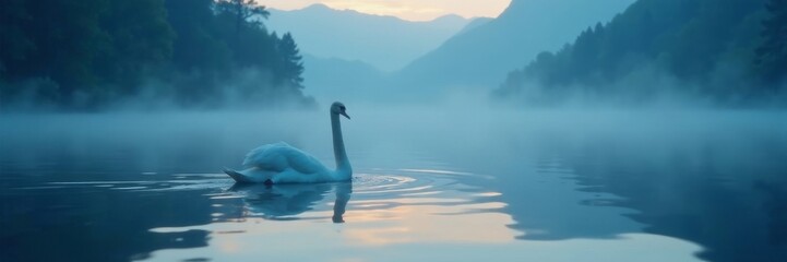 Fototapeta premium Solitary swan on a mysterious blue misty lake at dawn, feathers, beautiful
