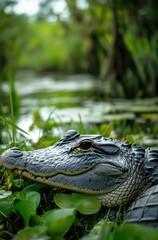 Fototapeta premium Close-up View of an Alligator Garretted Among Green Plant Life in a Serene Wetland Environment with Lush Background and Soft Lighting