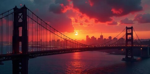 Fototapeta premium Steel beams against fiery sunset, city lights emerging, sunset, twilight