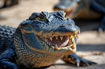 Obraz premium Close-up View of an Alligator Showing Sharp Teeth and Detailed Scales with Natural Background in a Wildlife Setting