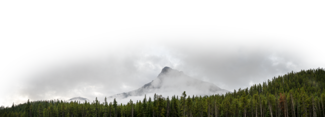Panorama of a pyramid shaped mountain in the clouds with a forest in the foreground and a partially transparent sky
