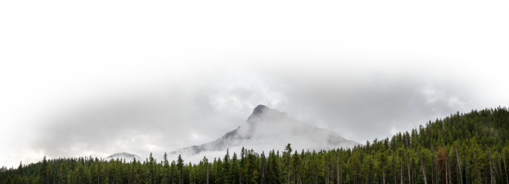 Panorama of a pyramid shaped mountain in the clouds with a forest in the foreground and a partially transparent sky
