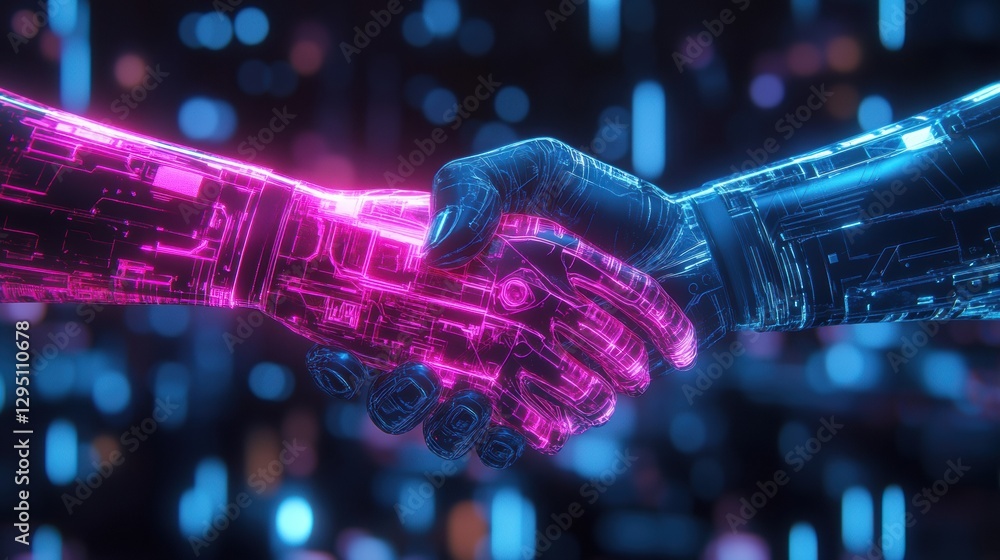 Aufkleber Digital avatars engaging in metaverse social interaction by shaking hands in a futuristic setting. Generative AI
