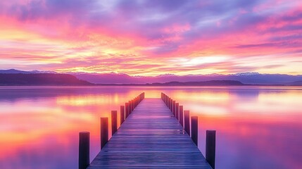 Naklejka premium A wooden pier extends towards a colorful sunset over water