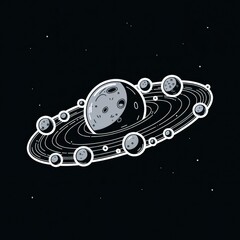 A sticker line image of the Asteroid Belt with a white background. The Asteroid Belt is a cluster of asteroids floating in space