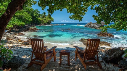 Obraz premium Serene beach scene with two wooden chairs facing a tranquil turquoise sea under lush greenery