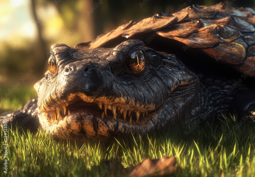 Poster detailed close-up of a snapping turtle resting on grass, showcasing textured shells and expressive e