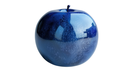 Shiny blue apple reflecting light on transparent background