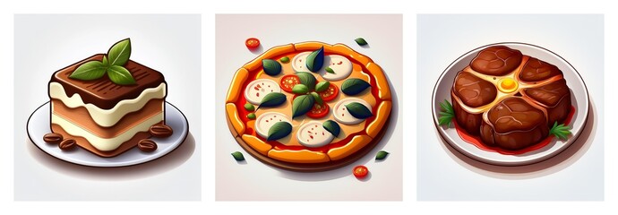 Three Italian food illustrations depict a tiramisu dessert, a margherita pizza with basil, and a savory steak dish, all served on plates.