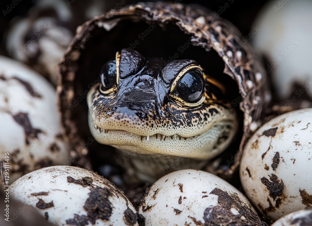 Poster frog emerging from hollow shell surrounded by eggs in a natural setting