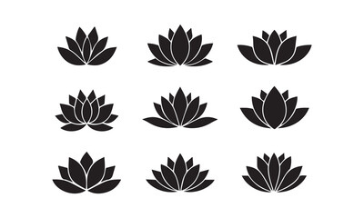 "Minimalist Lotus Flower Icons Set – 9 Monochrome Designs in 3x3 Grid on White Background"