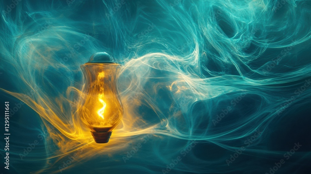 Poster glowing gas lamp surrounded by swirling ethereal blue and yellow light emanating a warm ambiance in 