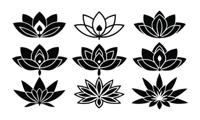 "Minimalist Lotus Flower Icons Set – 9 Monochrome Designs in 3x3 Grid on White Background"