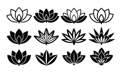 "Minimalist Lotus Flower Icons Set – 9 Monochrome Designs in 3x3 Grid on White Background"