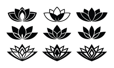 "Minimalist Lotus Flower Icons Set – 9 Monochrome Designs in 3x3 Grid on White Background"