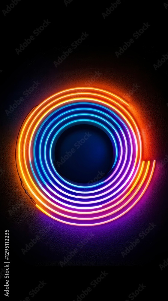 Poster glowing concentric circles neon art installation on dark textured surface striking visual display