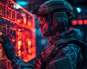 Futuristic Soldier Interacting with Advanced Display Screen in a High Tech Environment