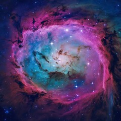 Fototapeta premium A swirling nebula of vibrant colors, including pink, purple, blue, and green. The nebula is filled with stars and has a dark central region. The background is a deep blue