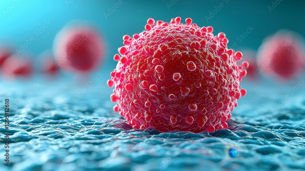 Poster red virus particle on textured blue surface illustrative science render artistic presentation
