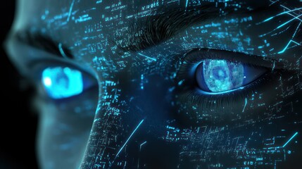 Woman's glowing eyes, data streams, close-up