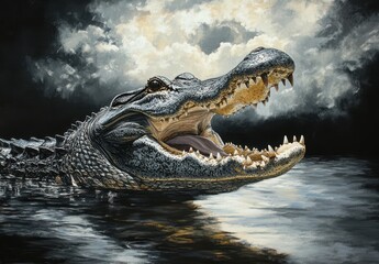 Fototapeta premium Majestic Alligator Emerges from Water Under Dramatic Cloudy Sky, Showcasing Powerful Jaw and Vivid Details of Scales and Teeth