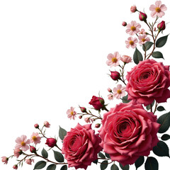 Fototapeta premium Floral Corner with Pink Roses and Blossoms, transparent background