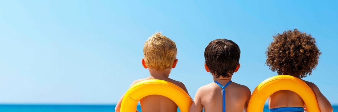 Three Children at the Beach with Inflatable Rings Enjoying a Sunny Day Together on Summer Vacation