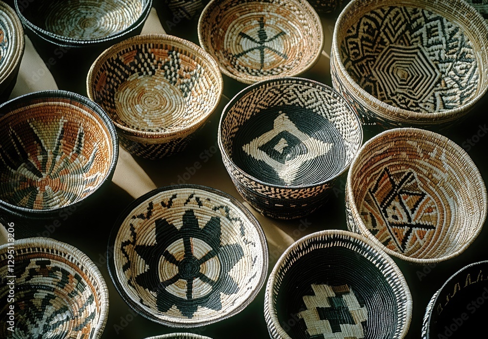 Poster a close-up of intricately woven baskets with geometric patterns arranged in an array on the floor sh