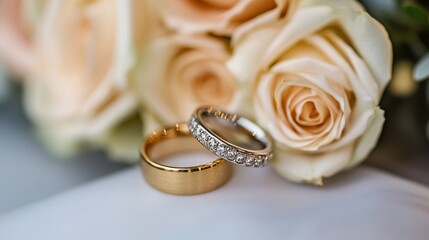 Two elegant wedding rings rest gracefully beside a vibrant bouquet of fresh, fragrant roses in bloom.