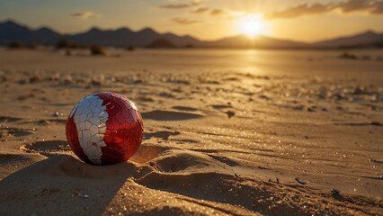 Obraz premium Cracked Red Orb on Sand at Sunset with Mountain View