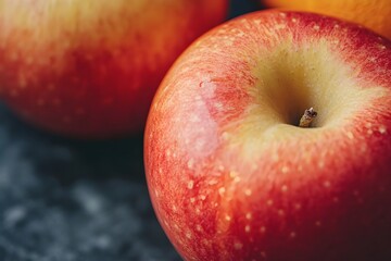 Close-up of Apple and Orange, perfect round apple with shiny skin, while bright orange forms a fresh orange circle, both display natural appeal that is attractive to eat